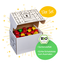 Schatzkiste - 17er Quetschie Set - Text in grüner Bubbel: Sortenvielfalt und Schatzkiste zum Ausmalen