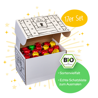Schatzkiste - 17er Quetschie Set - Text in grüner Bubbel: Sortenvielfalt und Schatzkiste zum Ausmalen