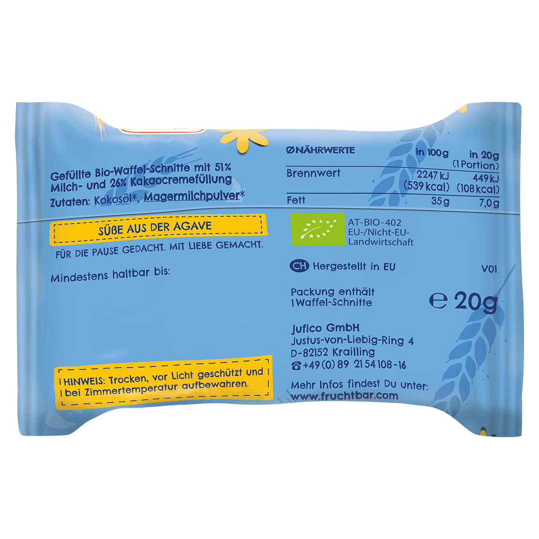 Bio Waffel Schnitte Milchcreme Kakao-Fruchtbar Pausenfreund-Einzelstück-Rückseite