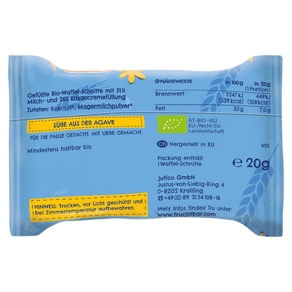 Bio Waffel Schnitte Milchcreme Kakao-Fruchtbar Pausenfreund-Einzelstück-Rückseite