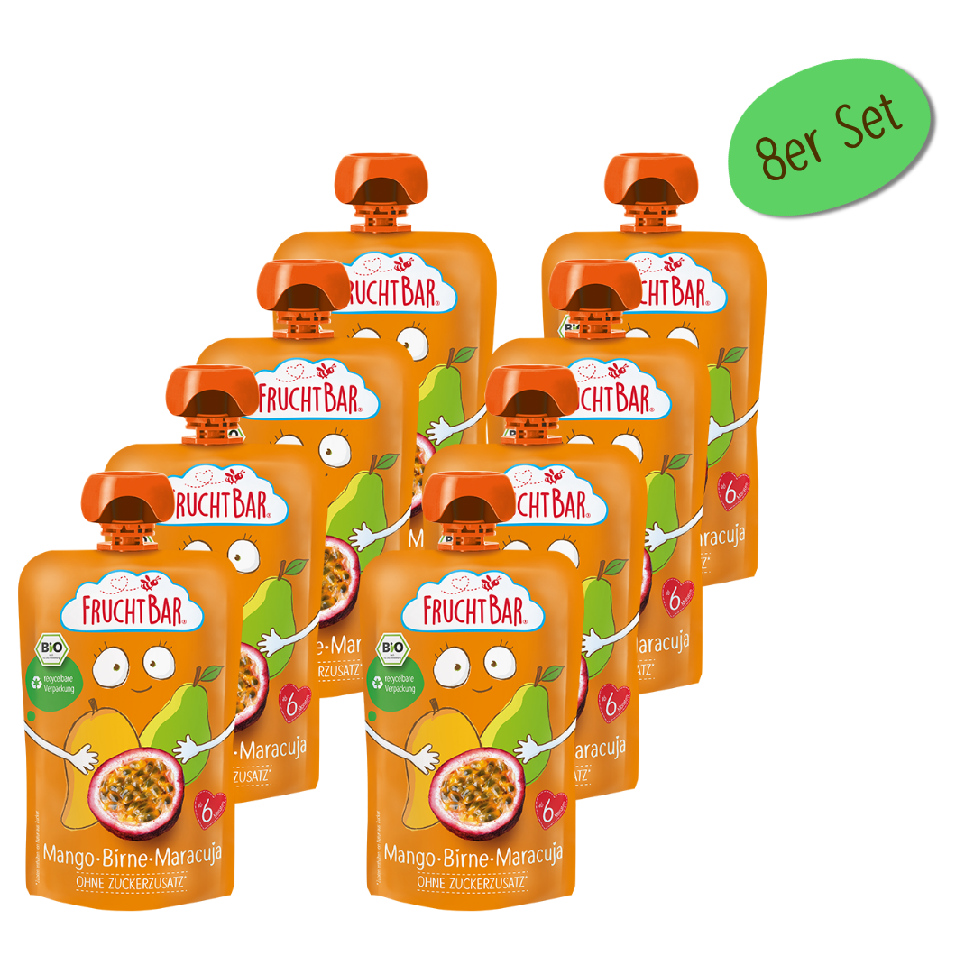 Bio Quetschie Mango, Birne, Maracuja - FruchtBar - Vorratspack 8 Stück - Vorderseite