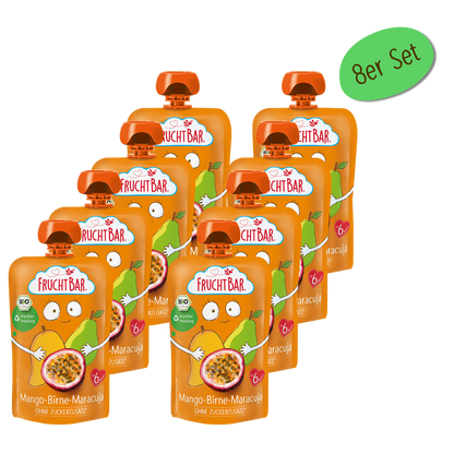 Bio Quetschie Mango, Birne, Maracuja - FruchtBar - Vorratspack 8 Stück - Vorderseite
