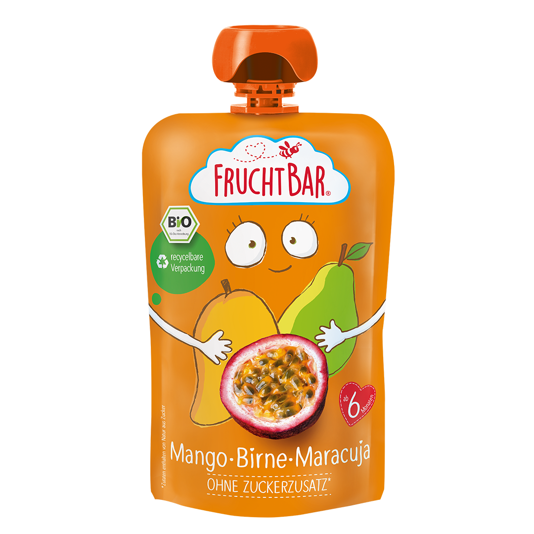 Bio Quetschie Mango, Birne, Maracuja - FruchtBar - Einzelstück - Vorderseite