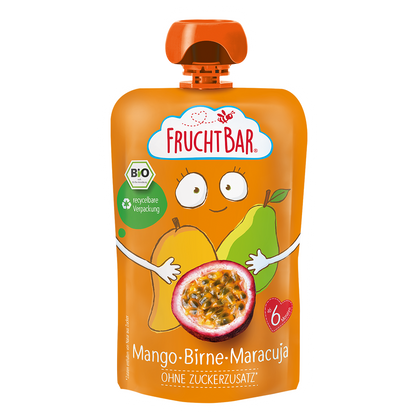 Bio Quetschie Mango, Birne, Maracuja - FruchtBar - Einzelstück - Vorderseite
