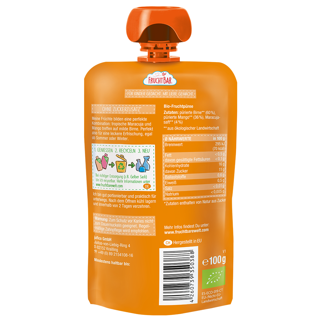 Bio Quetschie Mango, Birne, Maracuja - FruchtBar - Einzelstück - Rückseite
