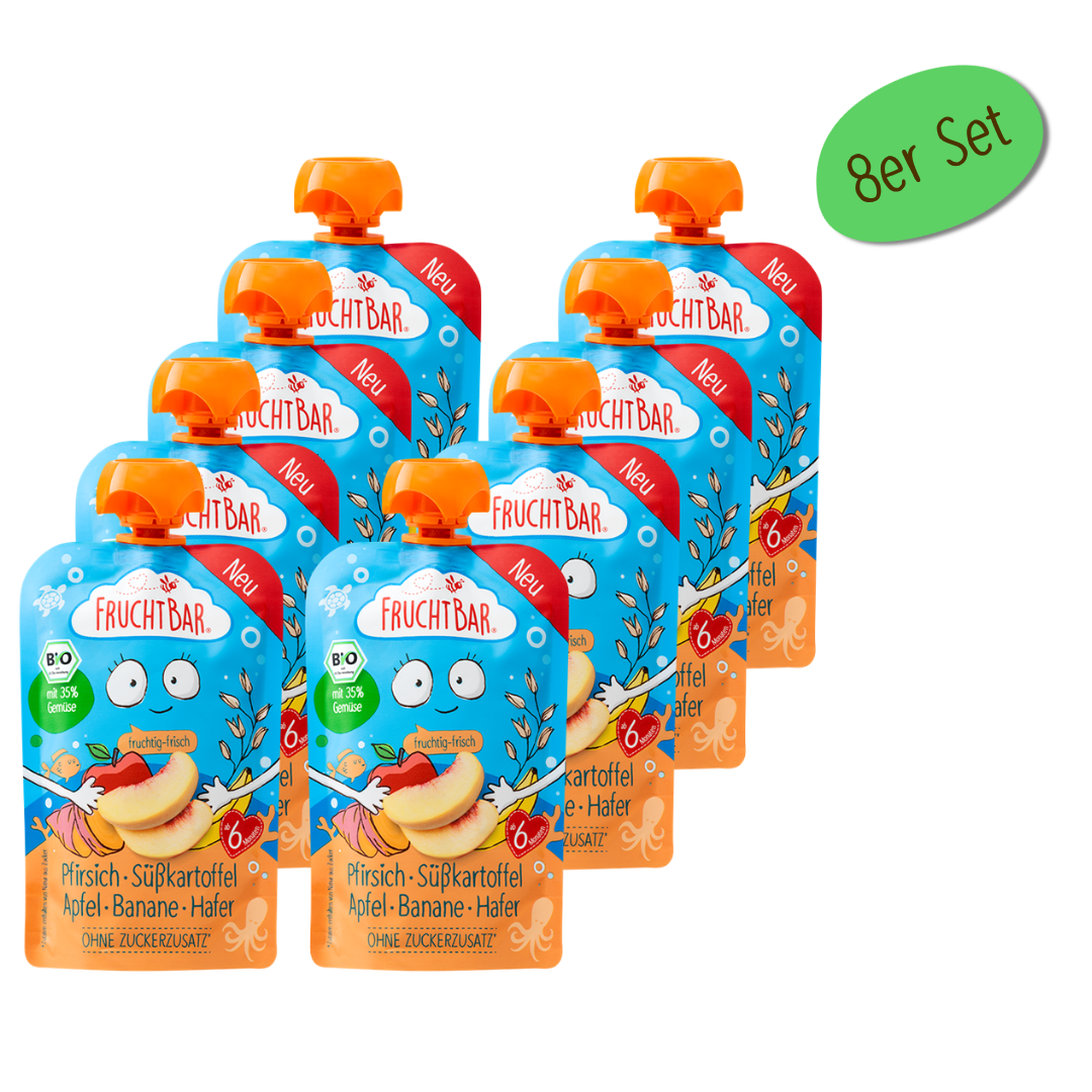 Bio Quetschie Pfirsich, Süßkartoffel, Apfel, Hafer - FruchtBar - Vorratspack 8 Stück - Vorderseite