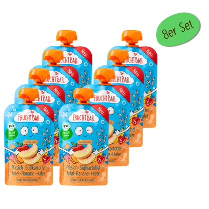 Bio Quetschie Pfirsich, Süßkartoffel, Apfel, Hafer - FruchtBar - Vorratspack 8 Stück - Vorderseite