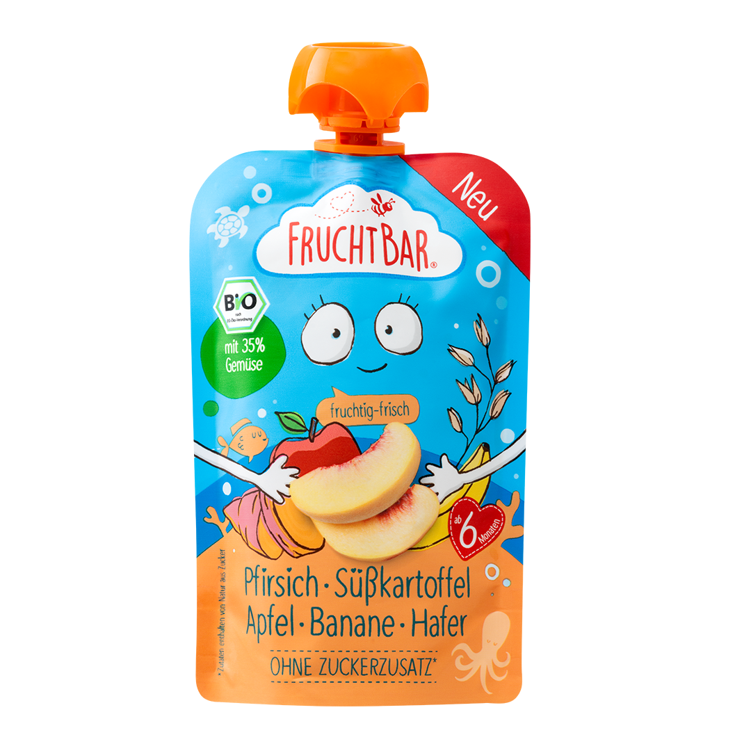 Bio Quetschie Pfirsich, Süßkartoffel, Apfel, Hafer - FruchtBar - Einzelstück - Vorderseite