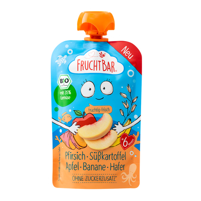 Bio Quetschie Pfirsich, Süßkartoffel, Apfel, Hafer - FruchtBar - Einzelstück - Vorderseite