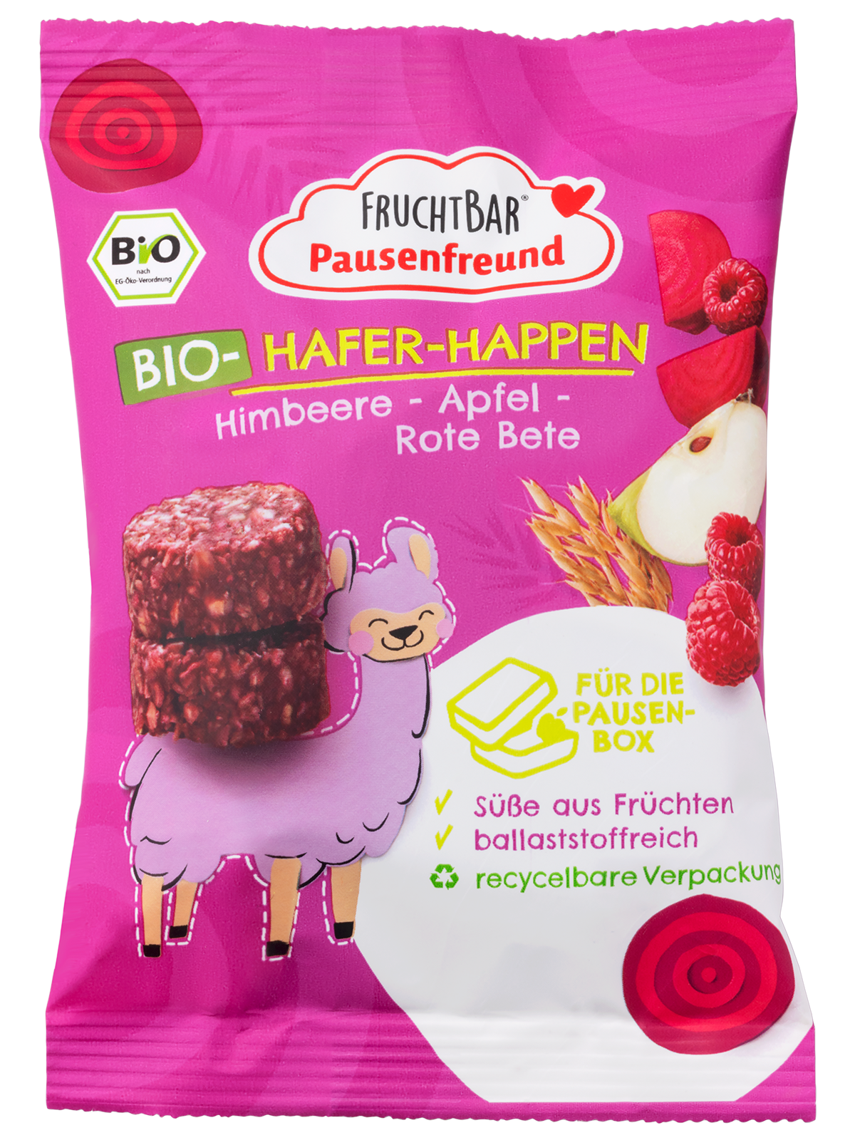 FruchtBar Pausenfreund - Bio Hafer Häppchen mit Himbeere, Apfel & Rote Bete - Vorderseite