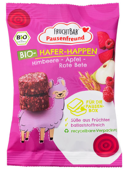FruchtBar Pausenfreund - Bio Hafer Häppchen mit Himbeere, Apfel & Rote Bete - Vorderseite