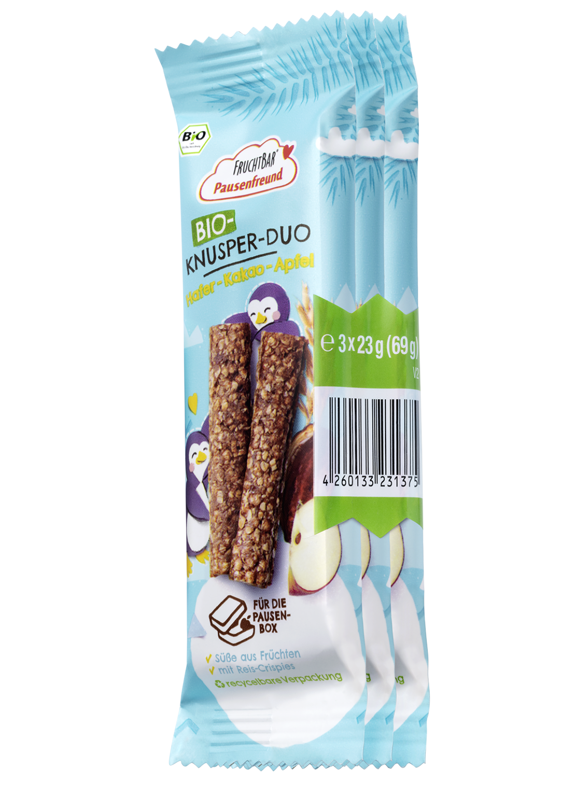 FruchtBar Pausenfreund - Bio Knusper Duo mit Kakao - Vorderseite