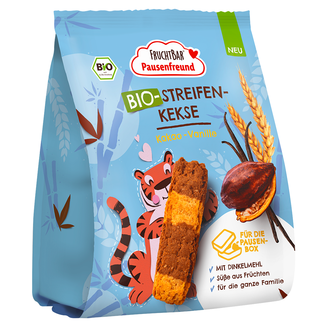 FruchtBar Pausenfreund - Bio Streifen Kekse mit Kakao & Vanille - Vorderseite