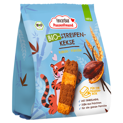 FruchtBar Pausenfreund - Bio Streifen Kekse mit Kakao & Vanille - Vorderseite