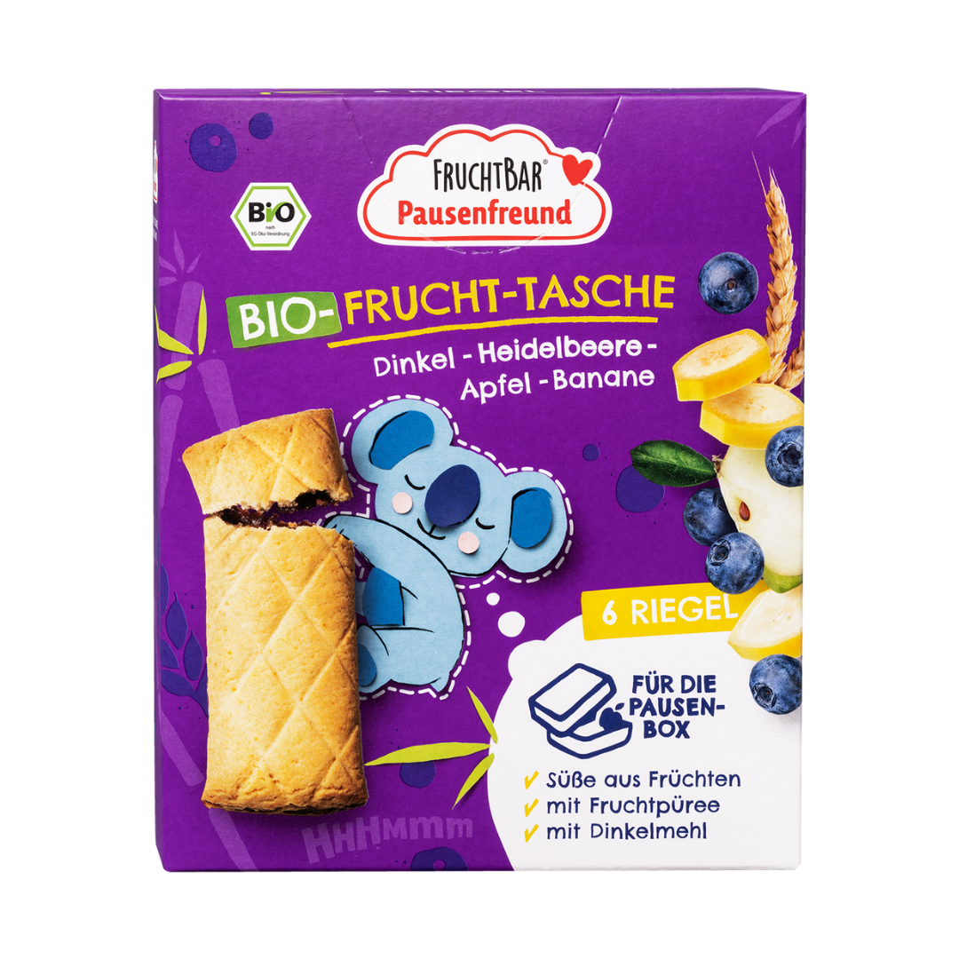 FruchtBar Pausenfreund - Bio Fruchttasche mit Dinkel, Blaubeere und Apfel - Vorderseite