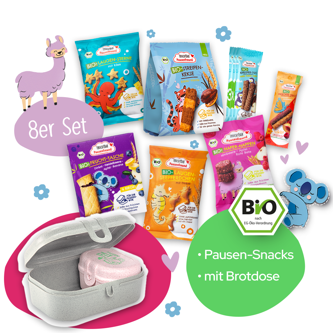 Das FruchtBar Pausenfreund Set mit Snack Box. 7 verschiedene Pausenfreund Snacks in einem Paket. 