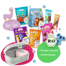 Das FruchtBar Pausenfreund Set mit Snack Box. 7 verschiedene Pausenfreund Snacks in einem Paket. 