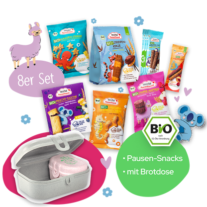 Das FruchtBar Pausenfreund Set mit Snack Box. 7 verschiedene Pausenfreund Snacks in einem Paket. 