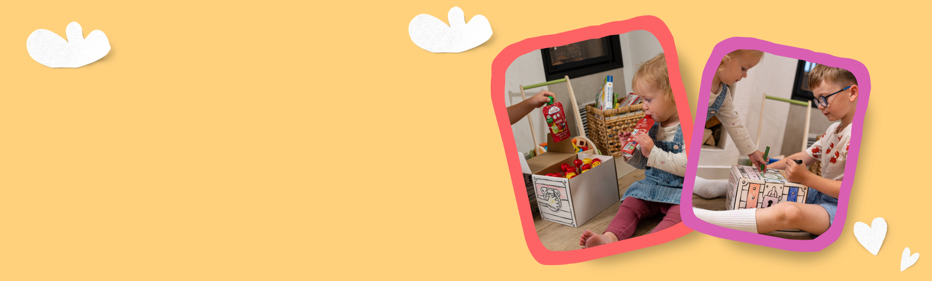 Kinder, die mit der neuen Schatzkiste spielen, auf gelbem Hintergrund mit weißen Wolken und Herzen.