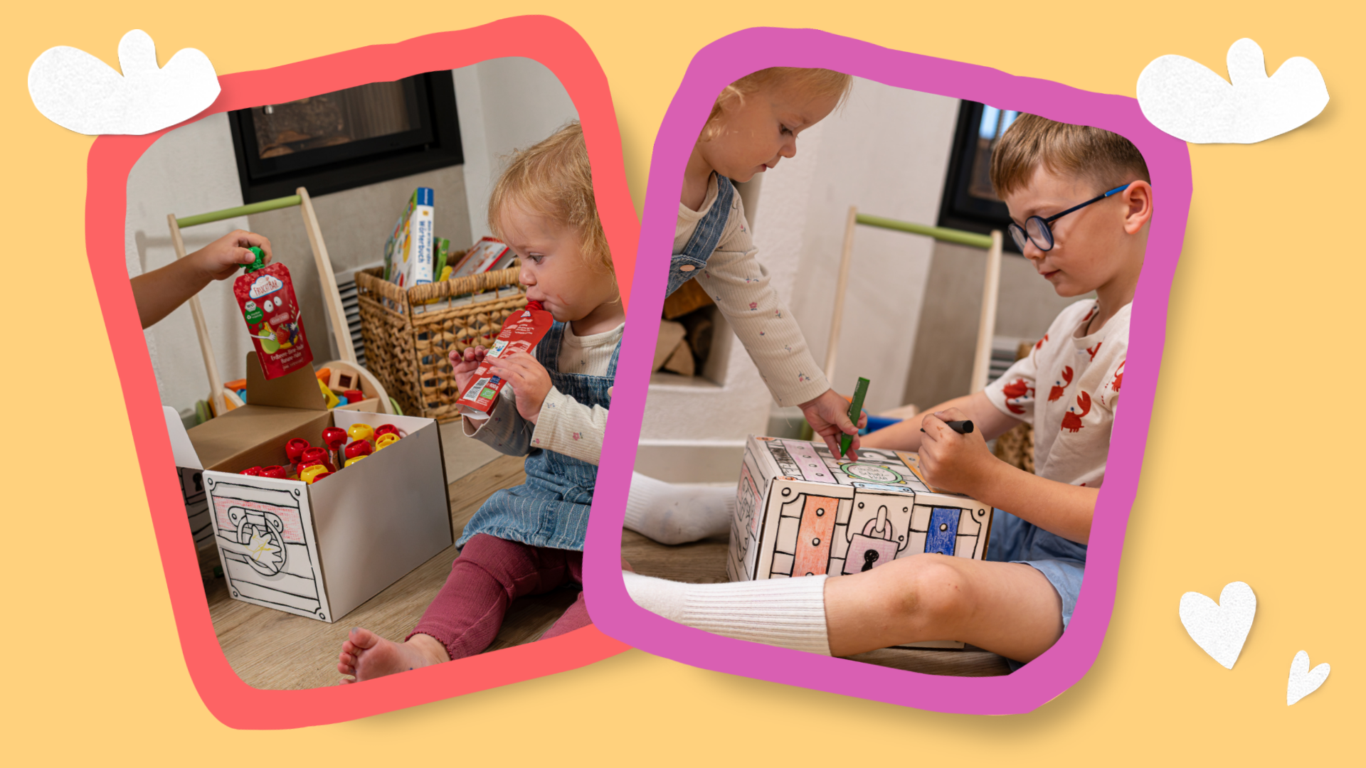 Kinder, die mit der neuen Schatzkiste spielen, auf gelbem Hintergrund mit weißen Wolken und Herzen.