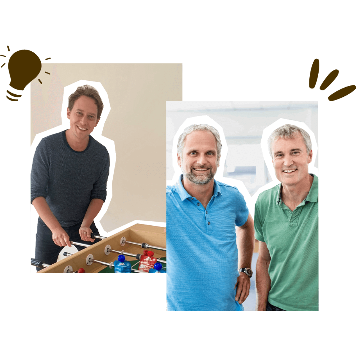 Geschäftsführer steht am Kicker neben den beiden Gründern von jufico.