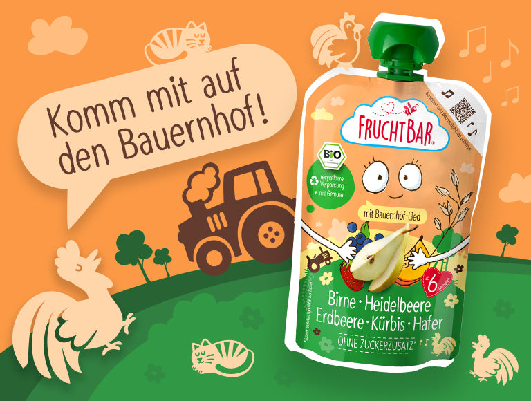 FruchtBar Bauernhof Quetschie auf buntem Hintergrund mit Text "Komm mit auf den Bauernhof!" 