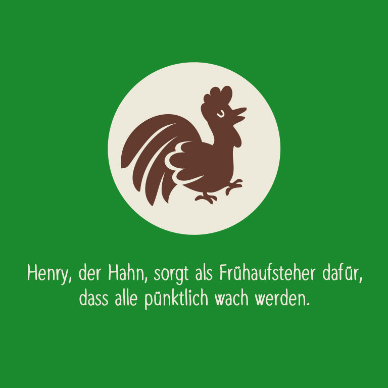 Icon Hahn mit Text "Henry, der Hahn, sorgt als Frühaufsteher dafür, dass alle pünktlich wach werden."