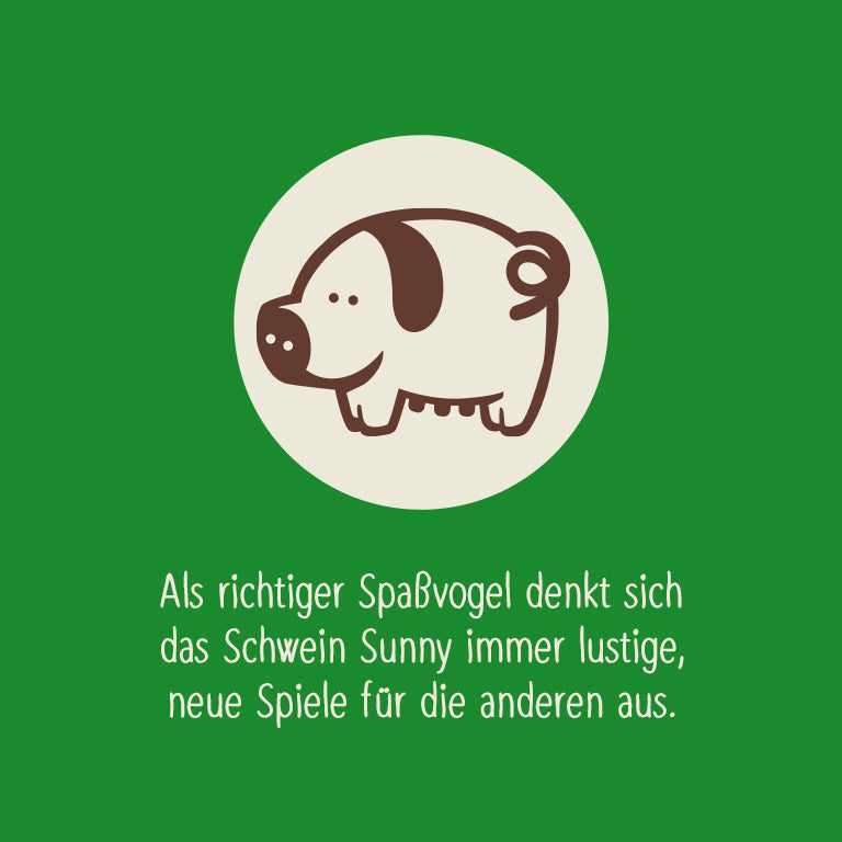 Icon Schwein mit Text "Als richtiger Spaßvogel denkt sich das Schwein Sunny immer lustige, neue Spiele für die anderen aus." 