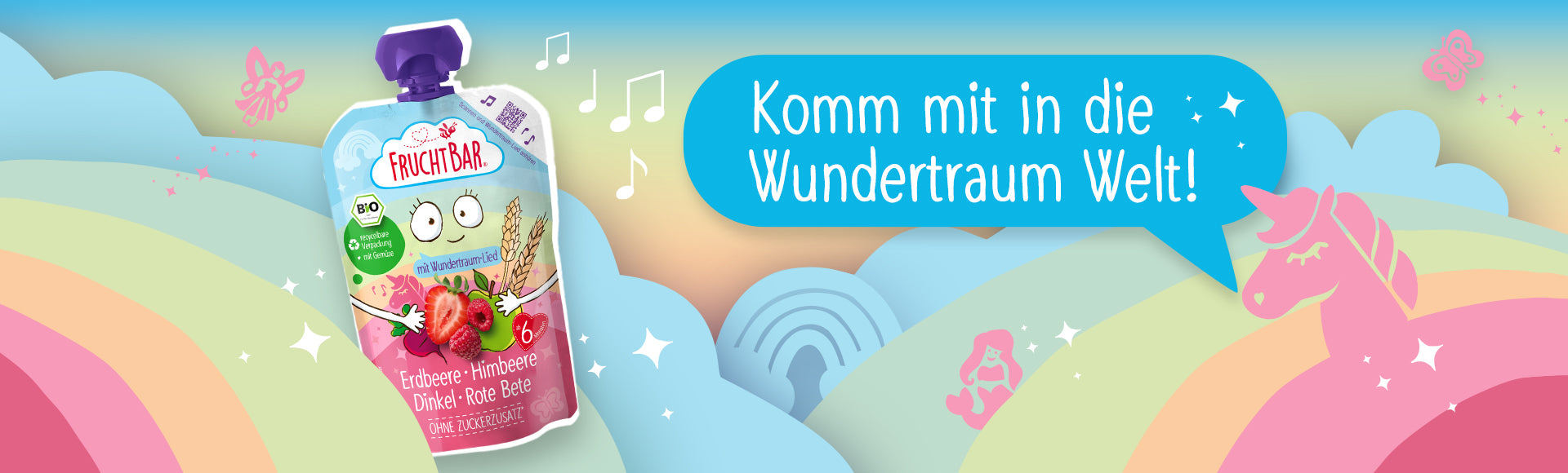 FruchtBar Wundertraum Quetschie auf buntem Hintergrund mit dem Text "Komm mit in die Wundertraum Welt!"