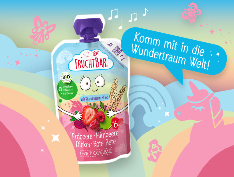 FruchtBar Wundertraum Quetschie auf buntem Hintergrund mit dem Text "Komm mit in die Wundertraum Welt!"
