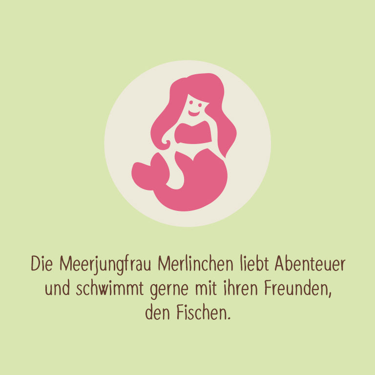 Icon Meerjungfrau mit Text "Die Meerjungfrau Merlinchen liebt Abenteuer und schwimmt gerne mit ihren Freunden, den Fischen." 