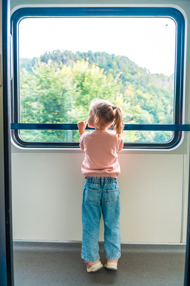 Mädchen steht im Zug und blickt aus dem Fenster