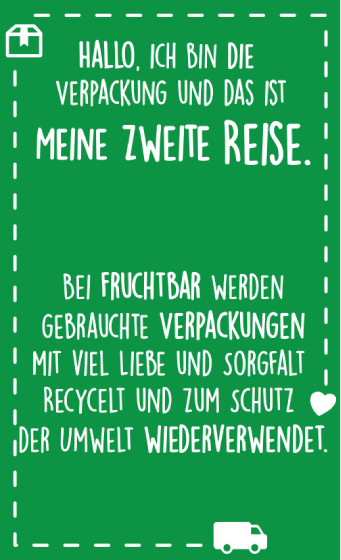 Grüner Sticker, der für wiederverwendete Verpackungen von FruchtBar-Paketen genutzt wird. 