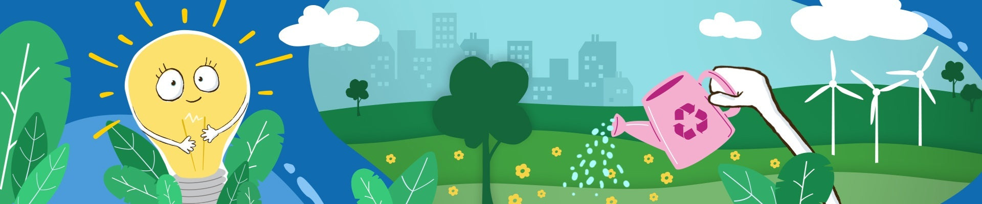 Grafik zum Thema Nachhaltigkeit, auf der eine Glühbirne und eine Gießkanne vor einer grünen Landschaft mit einer Stadt im Hintergrund zu sehen sind.