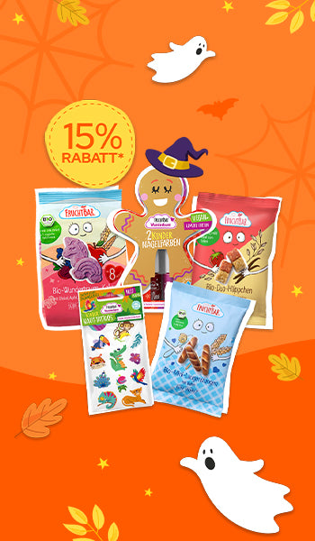 FruchtBar Halloween Aktion - 15% auf die Kategorien Haut-Tattoos & Nagelfarben, Riegel und Snacks. FruchtBar Produkte auf orangenem Hintergrund mit herbstlichen Blättern und Geistern. 